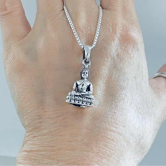 Sterling Silver Buddha Necklace, Silver Chain, Religious Yoga Jewelry, OM Chains - Picture 6 of 12